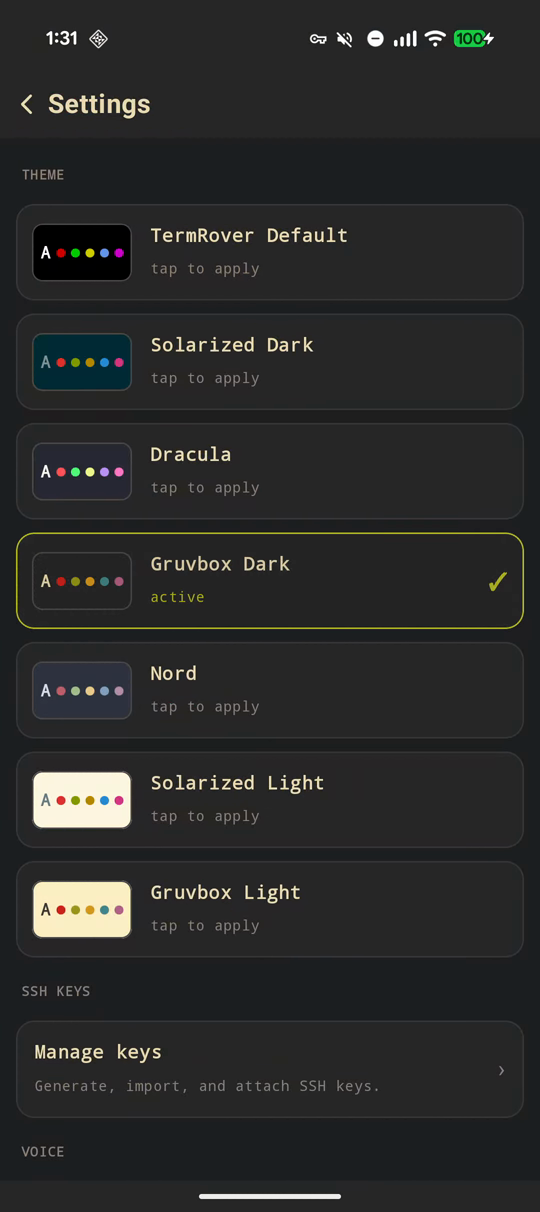 TermRover's theme picker showing dark palettes alongside Solarized Light and Gruvbox Light