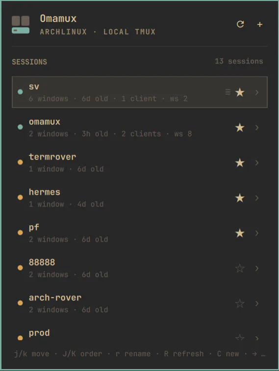 Omamux Quattro bar widget showing a list of local tmux sessions with favorites and session details