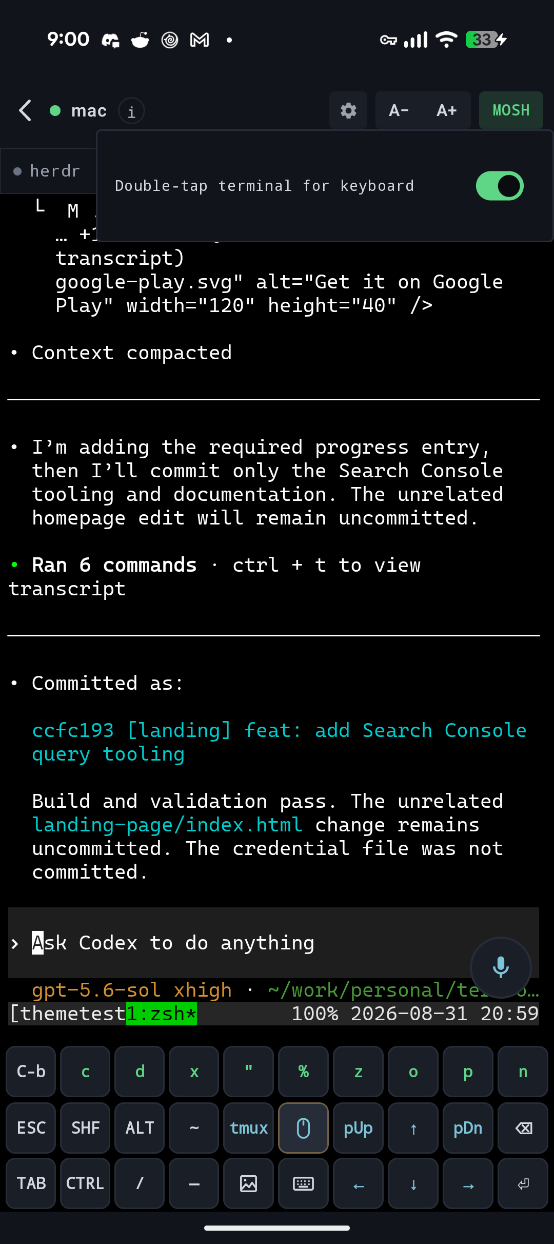 TermRover running on a Pixel 9a with the Double-tap terminal for keyboard setting enabled